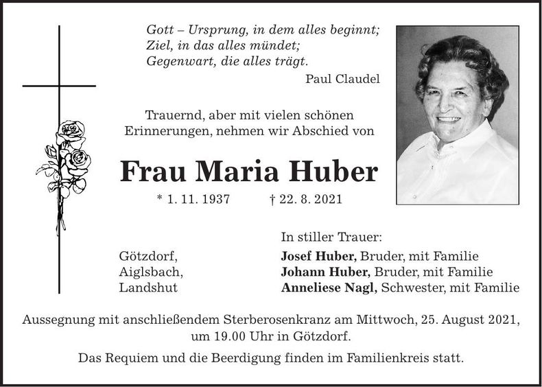 Traueranzeige Maria Huber