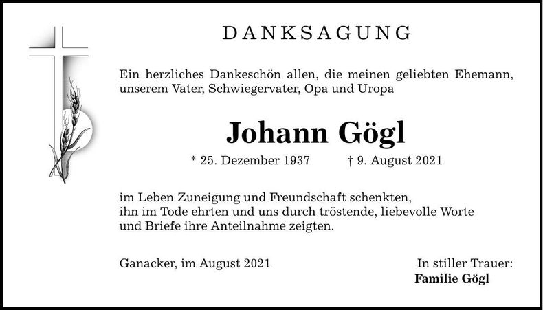 Traueranzeige Johann Gögl