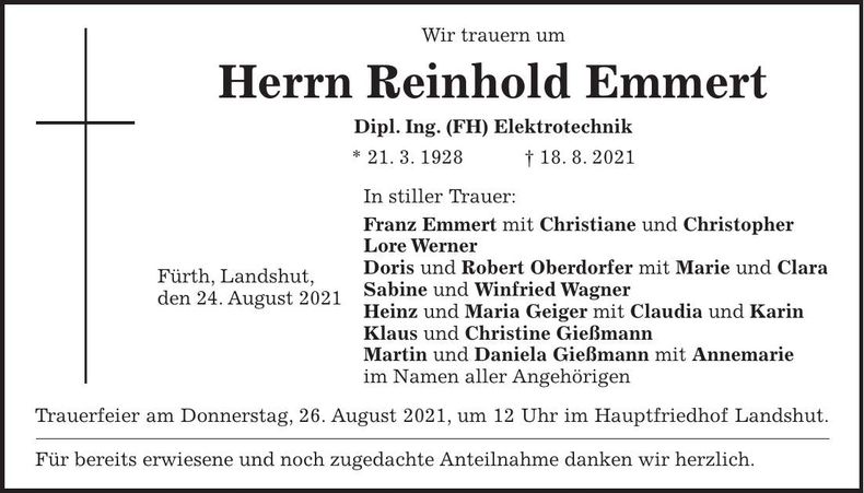 Traueranzeige Reinhold Emmert