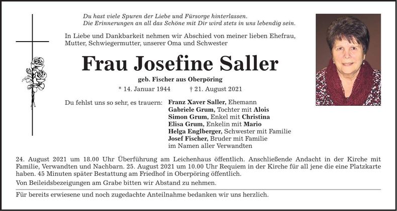 Traueranzeige Josefine Saller