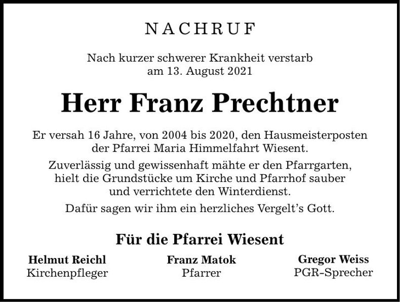 Traueranzeige Franz Prechtner