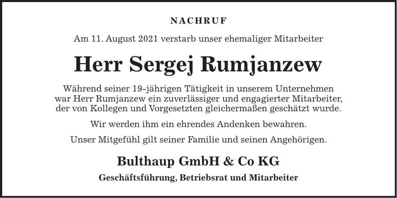 Traueranzeige Sergej Rumjanzew