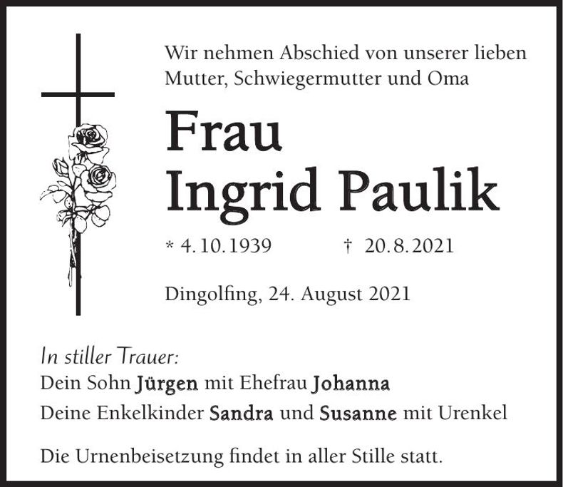 Traueranzeige Ingrid Paulik