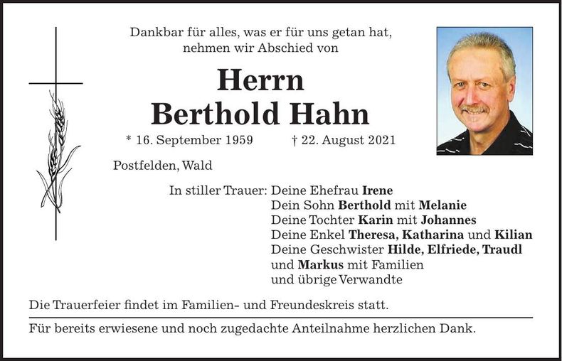 Traueranzeige Berthold Hahn