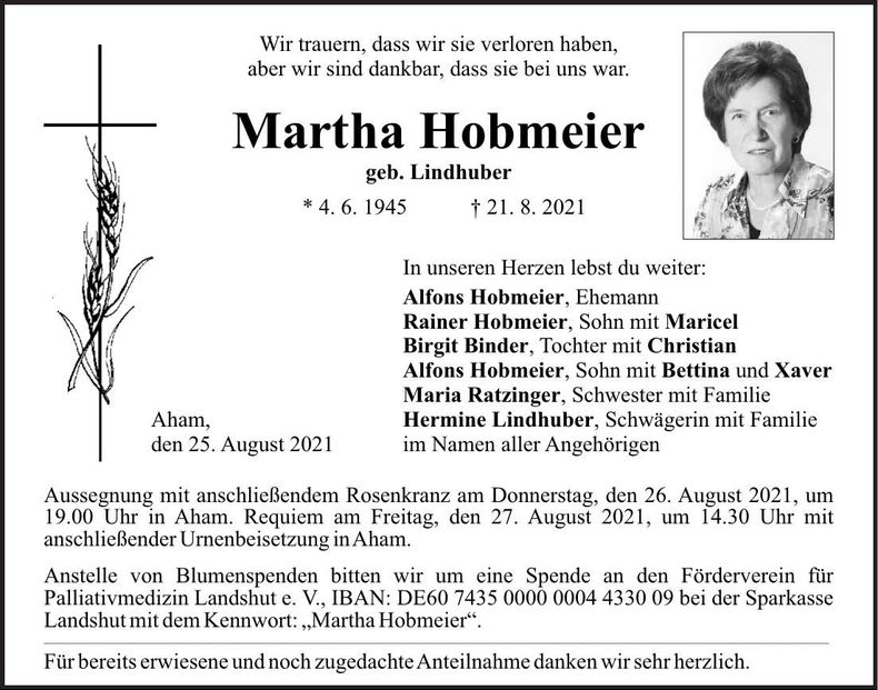 Traueranzeige Martha Hobmeier
