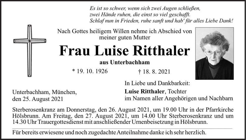 Traueranzeige Luise Ritthaler