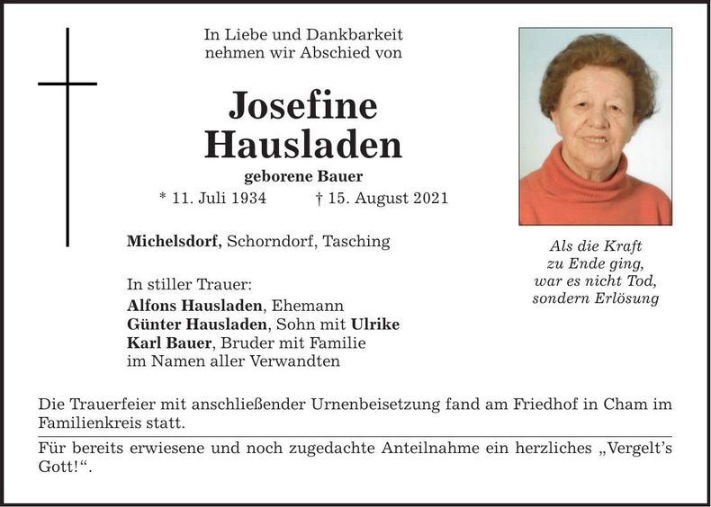 Traueranzeige Josefine Hausladen