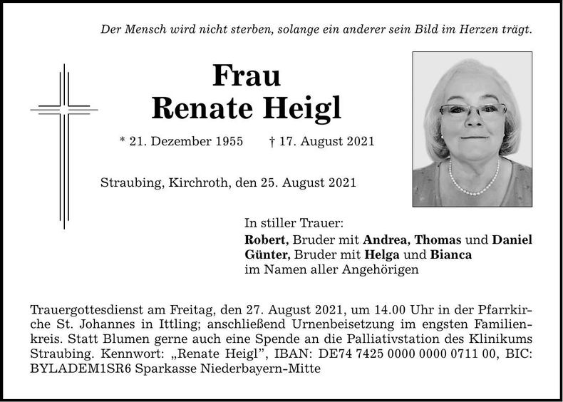 Traueranzeige Renate Heigl