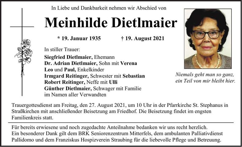 Traueranzeige Meinhilde Dietlmaier