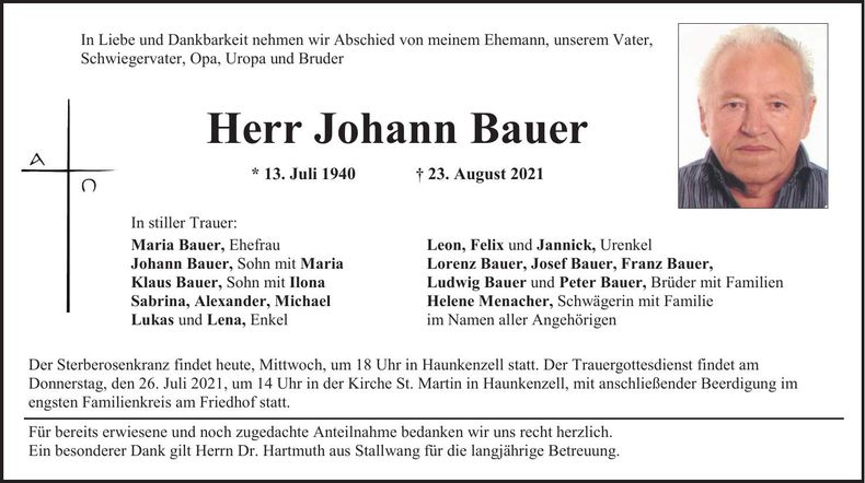 Traueranzeige Johann Bauer