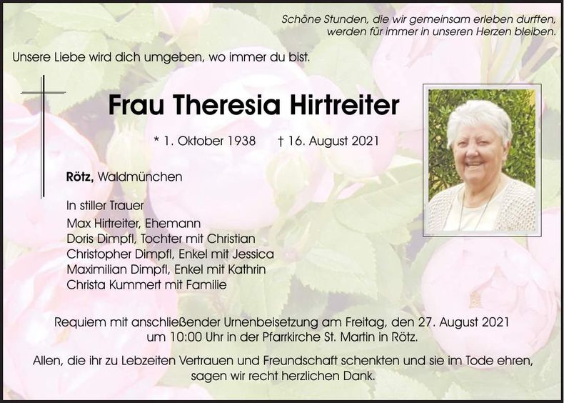 Traueranzeige Theresia Hirtreiter