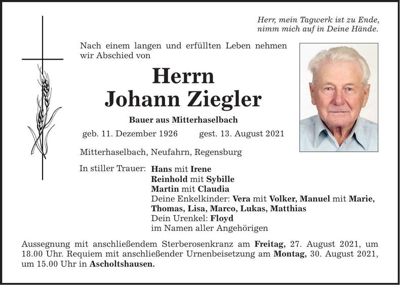 Traueranzeige Johann Ziegler