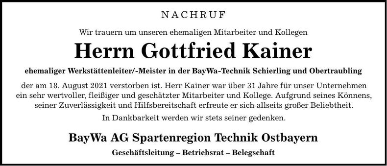 Traueranzeige Gottfried Kainer