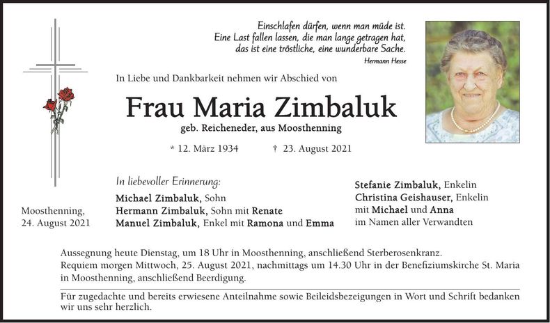 Traueranzeige Maria Zimbaluk