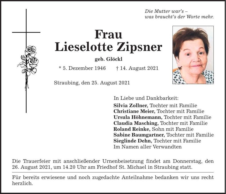 Traueranzeige Lieselotte Zipsner