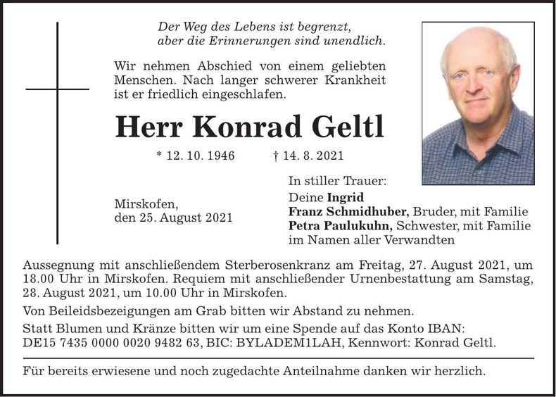 Traueranzeige Konrad Geltl