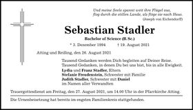 Traueranzeige Sebastian Stadler