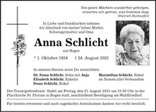 Traueranzeige Anna Schlicht