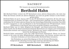 Traueranzeige 'Berthold Hahn