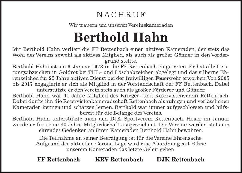 Traueranzeige 'Berthold Hahn