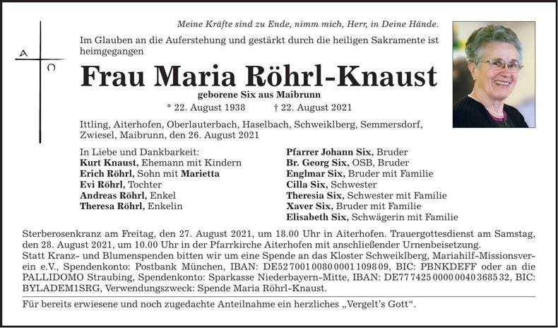 Traueranzeige Maria Röhrl-Knaust