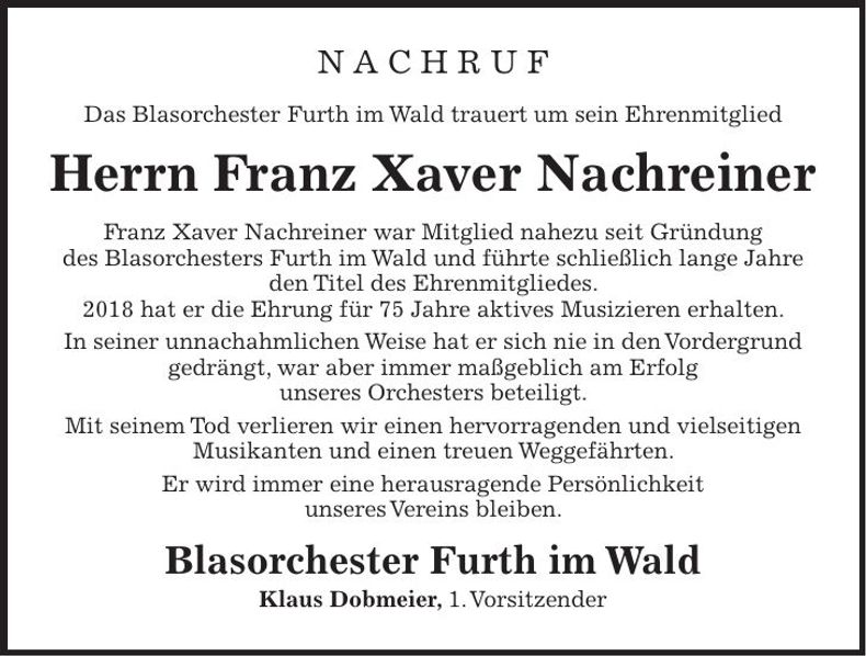Traueranzeige Franz Xaver Nachreiner