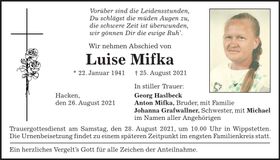 Traueranzeige Luise Mifka