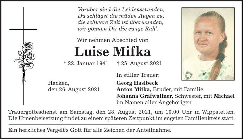 Traueranzeige Luise Mifka
