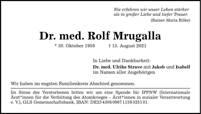 Traueranzeige Rolf Mrugalla Dr. med.