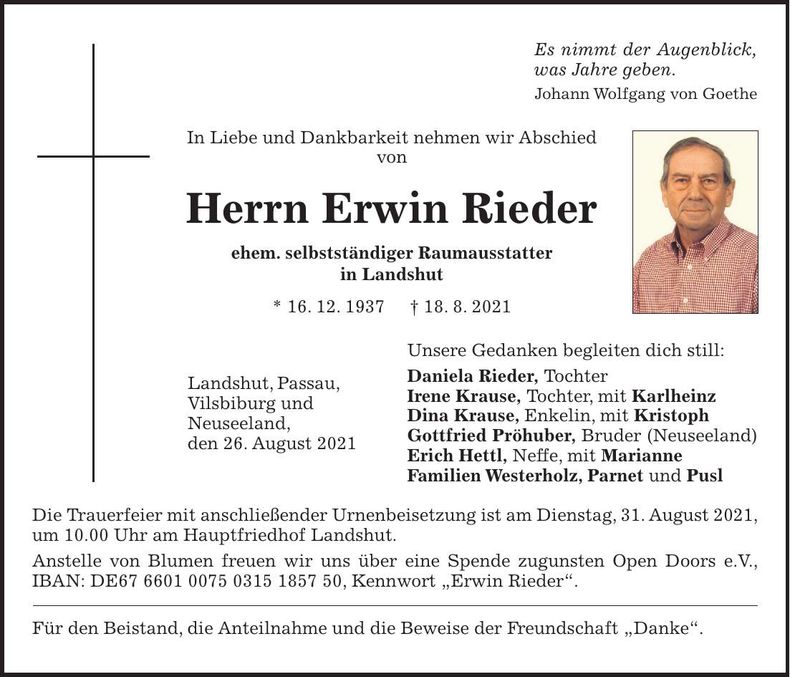 Traueranzeige Erwin Rieder
