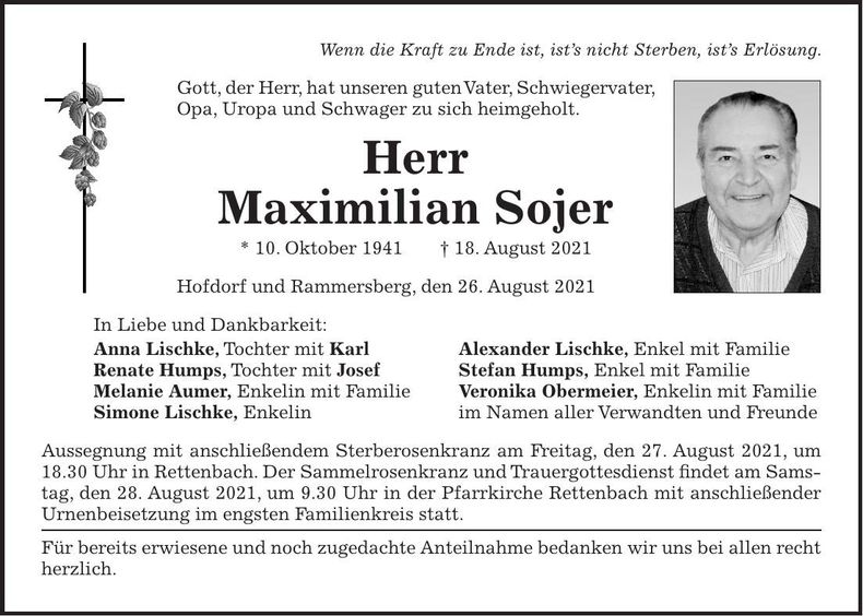 Traueranzeige Maximilian Sojer