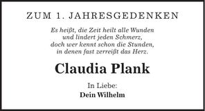 Traueranzeige Claudia Plank