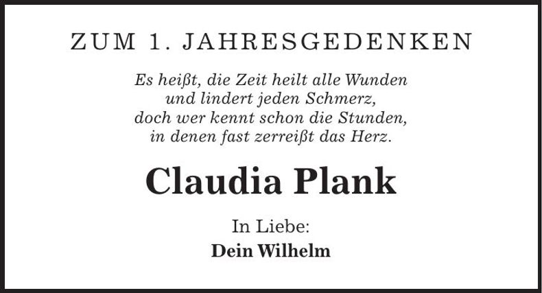 Traueranzeige Claudia Plank