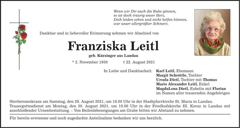 Traueranzeige Franziska Leitl