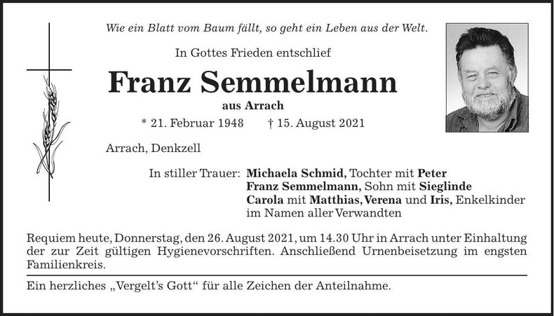 Traueranzeige Franz Semmelmann