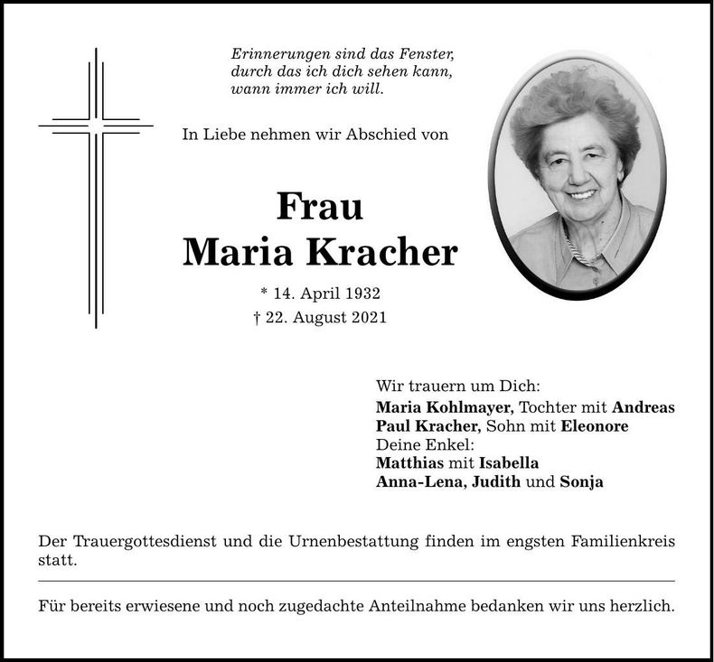 Traueranzeige Maria Kracher
