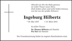 Traueranzeige Ingeborg Hilbertz