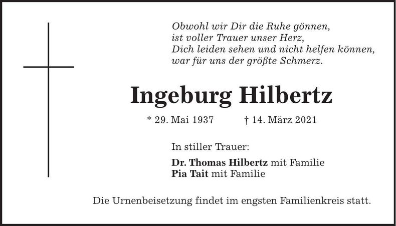 Traueranzeige Ingeborg Hilbertz