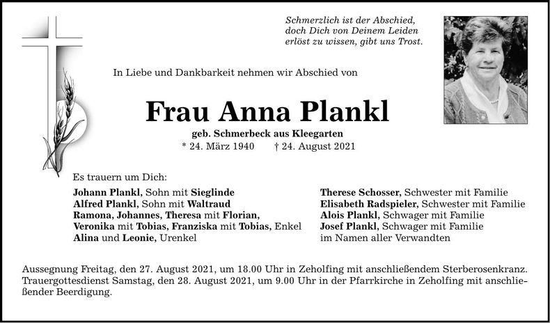 Traueranzeige Anna Plankl