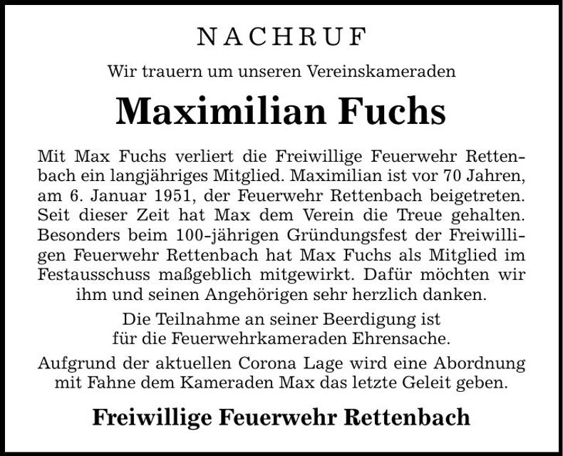Traueranzeige Maximilian Fuchs