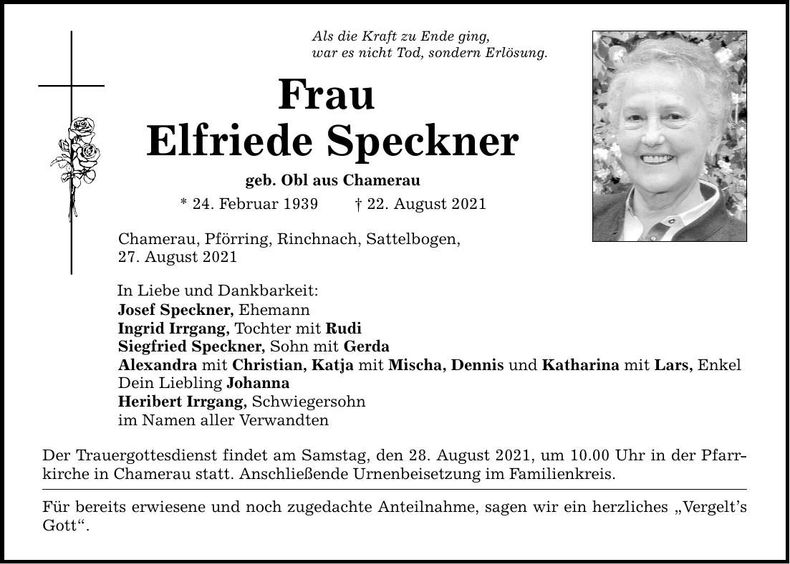 Traueranzeige Elfriede Speckner