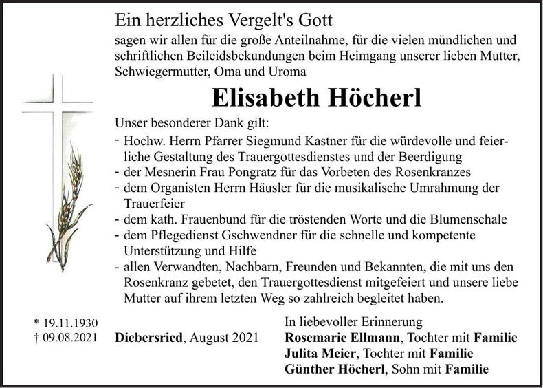 Traueranzeige Elisabeth Höcherl