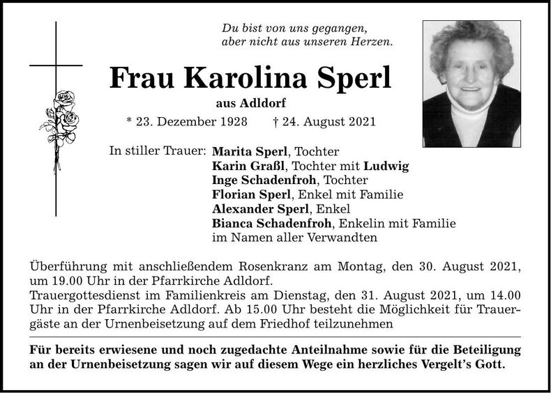 Traueranzeige Karolina Sperl