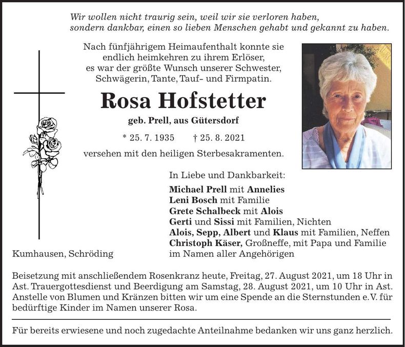 Traueranzeige Rosa Hofstetter