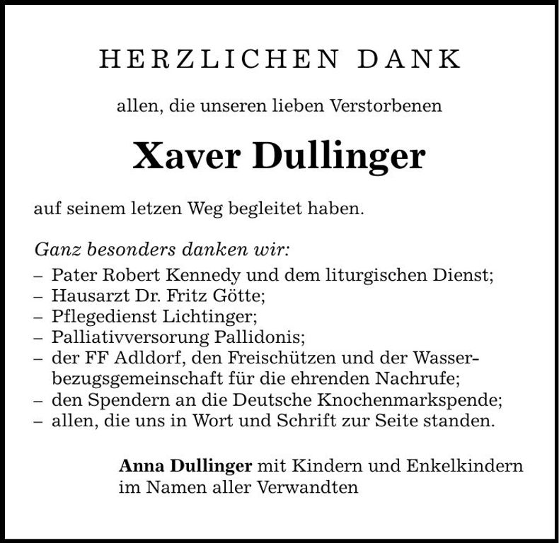 Traueranzeige Xaver Dullinger