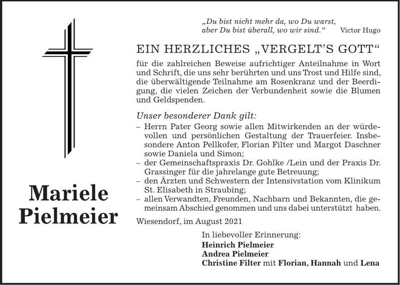 Traueranzeige Mariele Pielmeier
