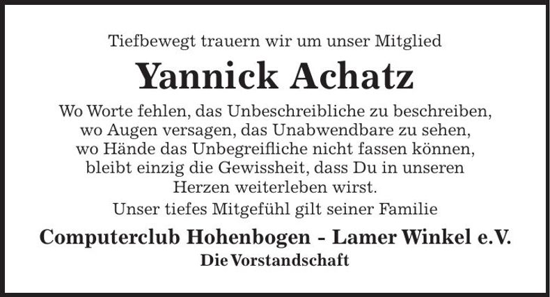 Traueranzeige Yannick Achatz