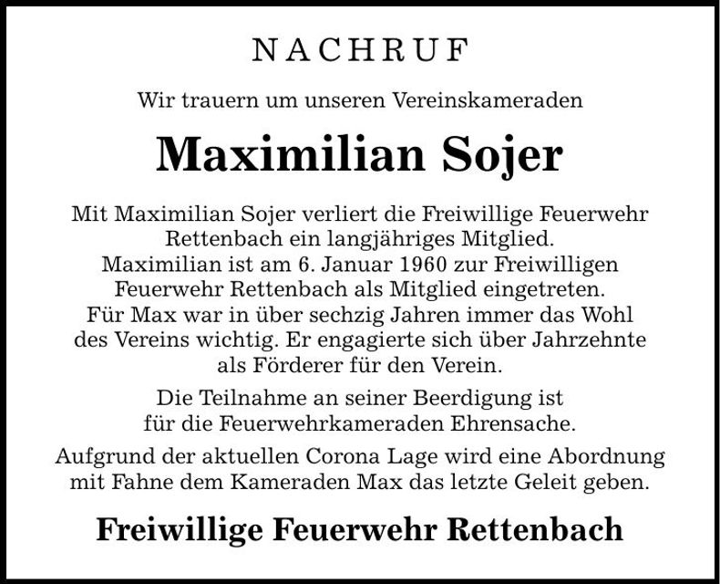 Traueranzeige Maximilian Sojer