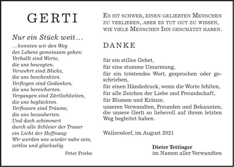 Traueranzeige Gertraud Tettinger