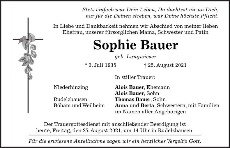 Traueranzeige Sophie Bauer